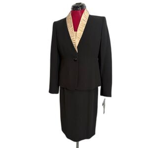 NWT Kasper Skirt Suit Women Size 2P Black & Cream 3-Piece Set Blazer/Skirt/Shell